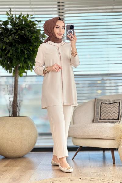 8133 Yaka Ve Önü Biyeli Takım Ekru