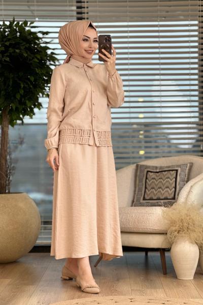 8138 Etek Ucu Dantelli Takım Bej