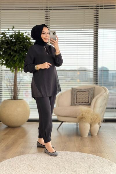 8141 Pat Fermuarlı Yakasız Takım Siyah