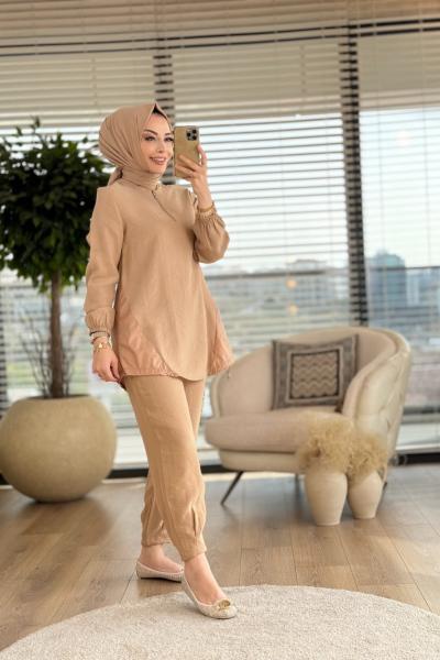 8141 Pat Fermuarlı Yakasız Takım Latte