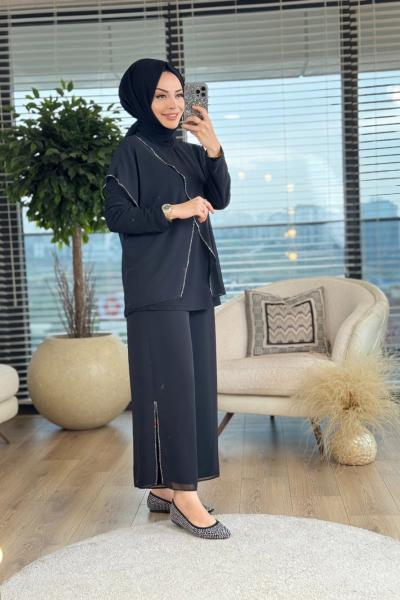 8143 Üst Şifon Ve Taş Detay Parçalı Takım Siyah