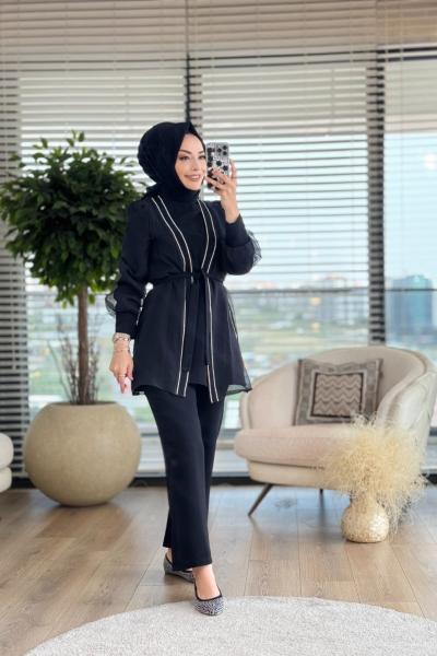 8152 Üst Şifon Yaka Kenarı Taş Detay Takım Siyah