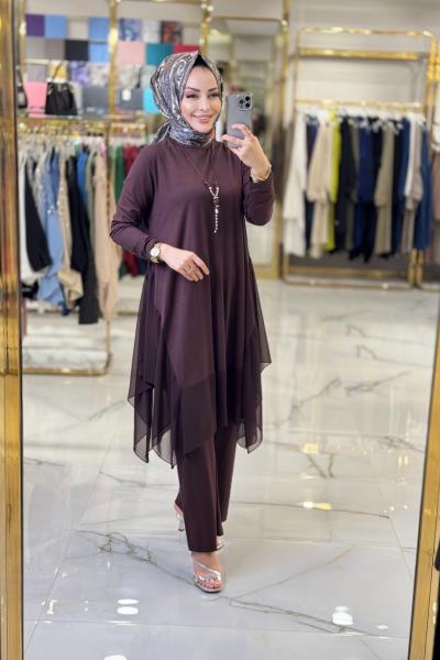 819 Asimetrik Şifon Detaylı Penye Takım Kahve