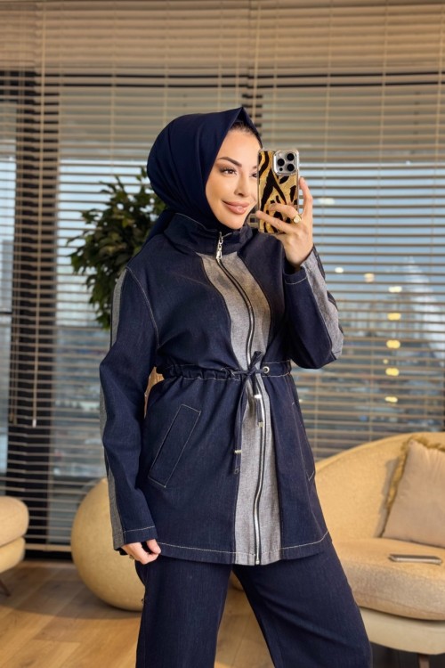 8207 Tencel Şerit Detaylı Fermuarlı Takım Lacivert
