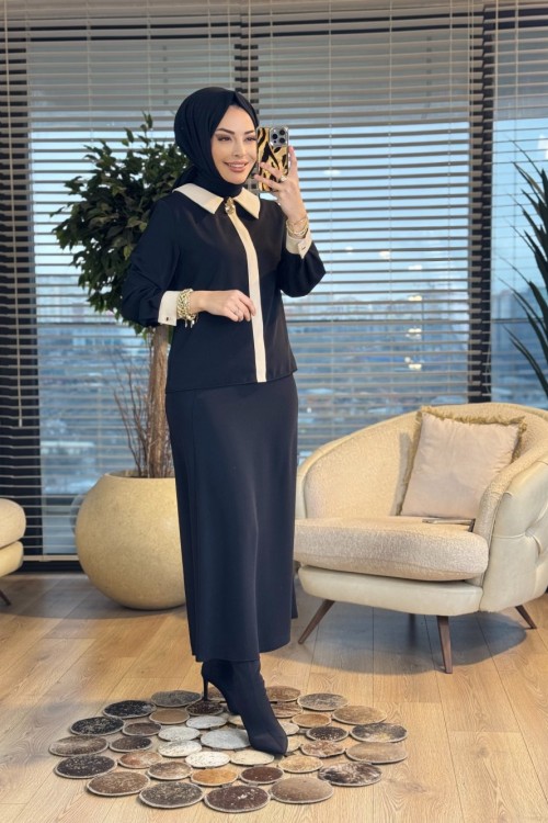 8211 Patı Şerit Detaylı Broşlu Takım Siyah