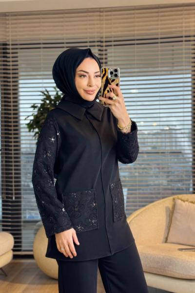 8215 Cep Ve Kolları Pullu Çiçek Detaylı Takım Siyah