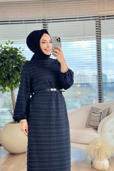 8248 Enine File Ve Fırfır Detaylı Elbise Siyah