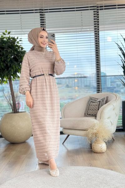 8248 Enine File Ve Fırfır Detaylı Elbise Vizon