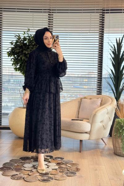 825 Şifon Üstü Kadife Kabartmalı Takım Siyah