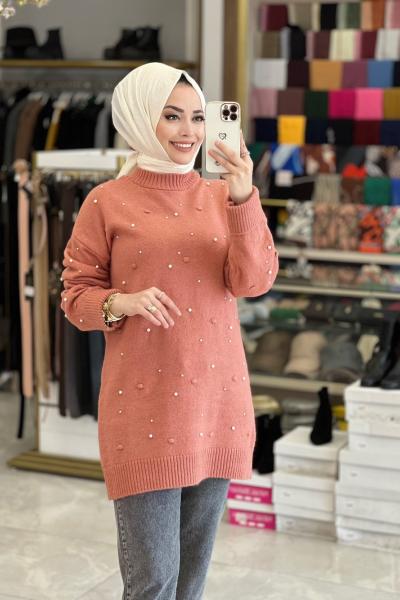 8252 Önü İncili Triko Tunik Gül