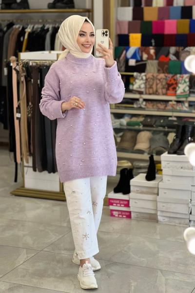 8252 Önü İncili Triko Tunik Lila