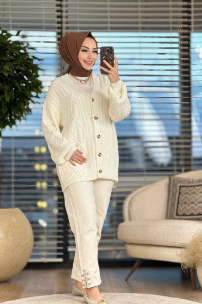 8384 Saç Örgülü Hırka Ekru
