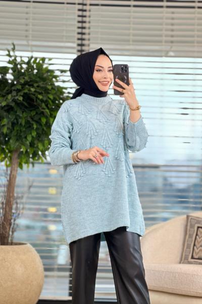 8400 Ön Kendinden Salkım Desen Triko Tunik Mavi