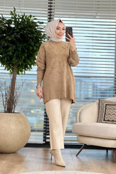 8400 Ön Kendinden Salkım Desen Triko Tunik Latte