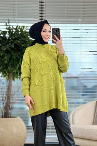 8400 Ön Kendinden Salkım Desen Triko Tunik Yağ Yeşili