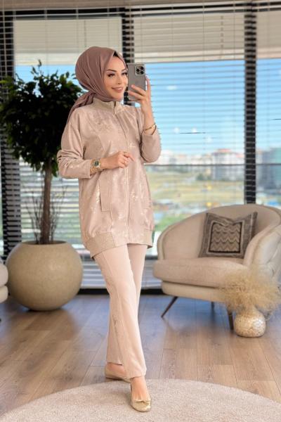 8403 Üst Varak Baskılı Fermuarlı Takım Bej