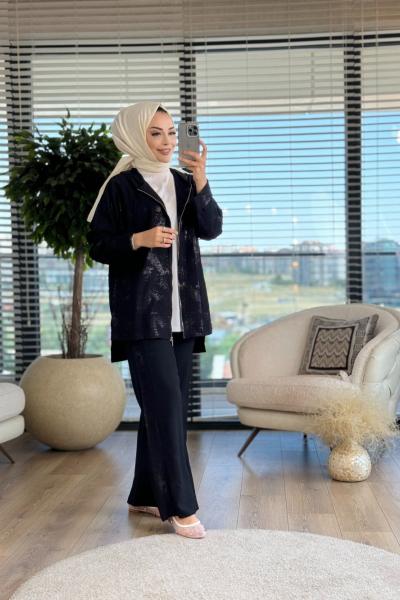 8409 Üst Varak Baskılı Kapşonlu Takım Siyah