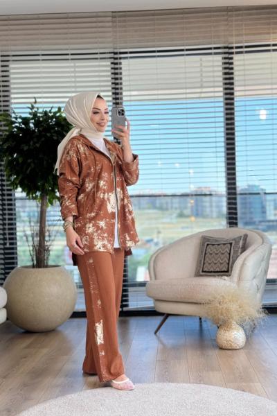 8409 Üst Varak Baskılı Kapşonlu Takım Kahve