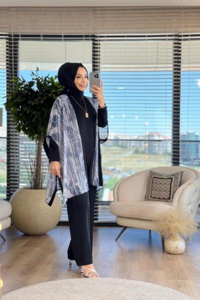 8414 Üstü Sim Ve Tül Parçalı Üçlü Takım Siyah