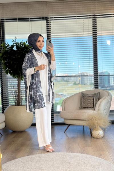 8414 Üstü Sim Ve Tül Parçalı Üçlü Takım Ekru