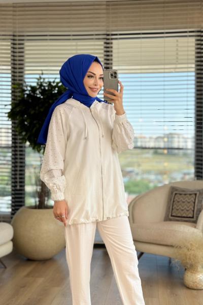 8426 Kolları Taş Baskılı Takım Ekru