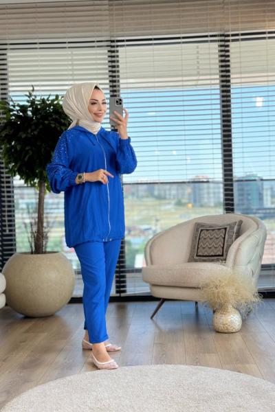 8426 Kolları Taş Baskılı Takım Saks