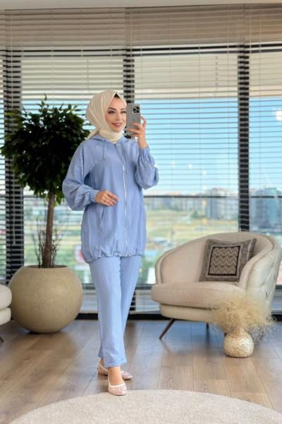 8426 Kolları Taş Baskılı Takım Mavi