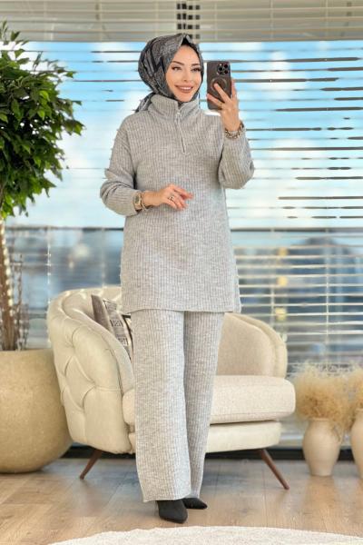 8430 Fitilli Pat Fermuarlı Triko Pantolonlu Takım Gri