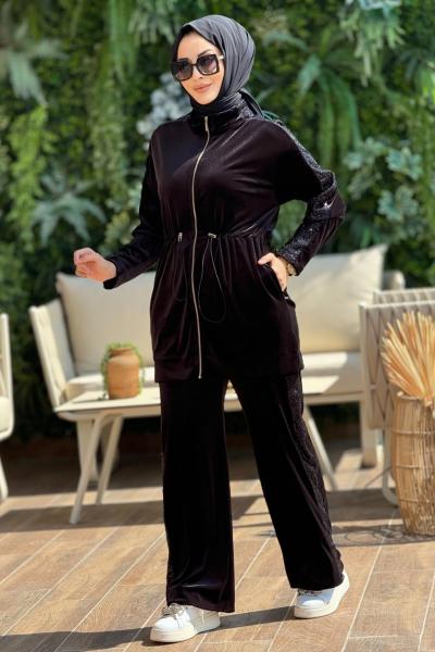8435 Kadife Omuz Ve Kolu Pul Detay Takım Siyah