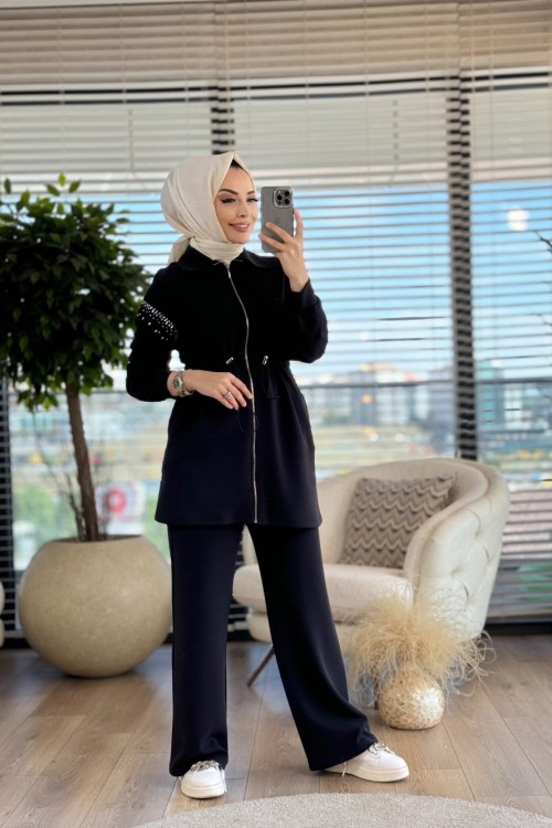 8436 Kolları Taş Detay Bel Bağcıklı Takım Siyah
