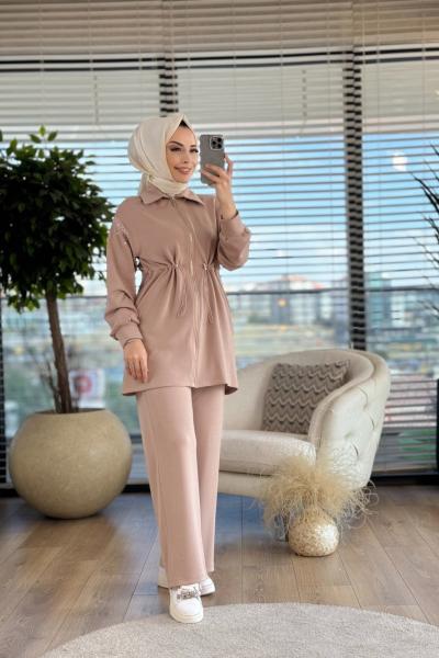 8436 Kolları Taş Detay Bel Bağcıklı Takım Vizon