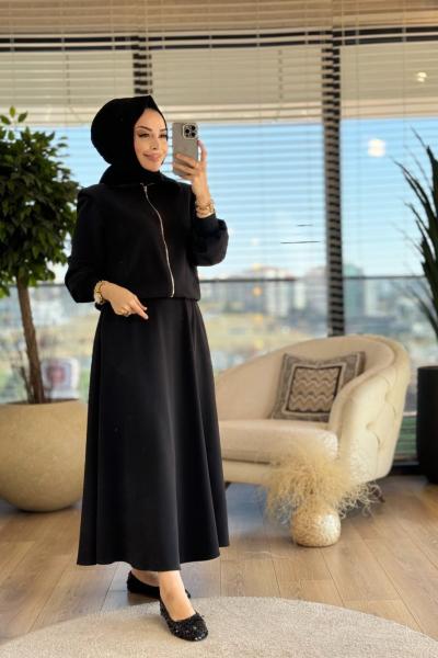 8447 Yaka Kürklü Ön Fermuarlı Takım Siyah