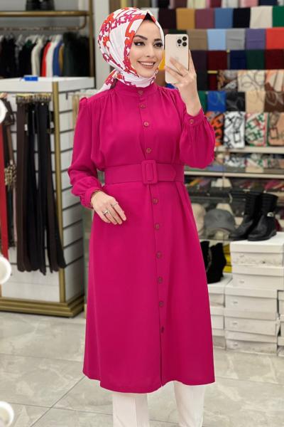 8449 Krep Kemerli Uzun Tunik Fuşya