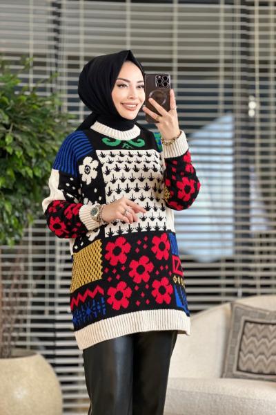 8466 Karışık Desen Triko Tunik Standart