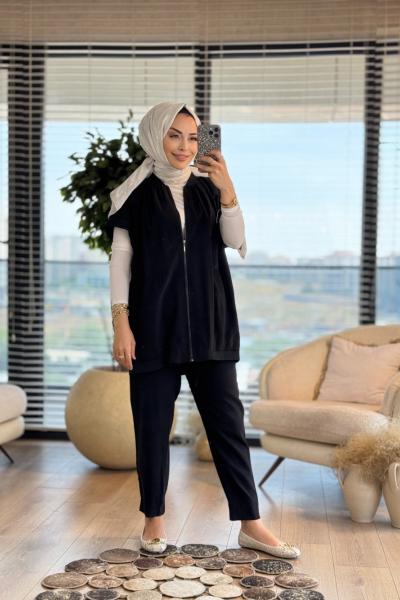 8488 Yaka Kol Sim Ribanalı Yelekli Takım Siyah