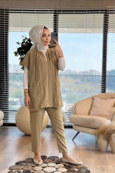 8488 Yaka Kol Sim Ribanalı Yelekli Takım Yağ Yeşili