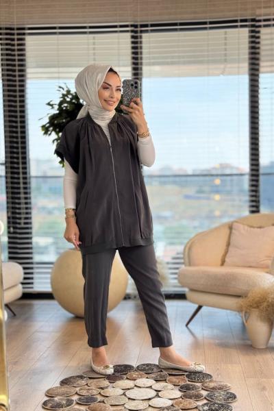 8488 Yaka Kol Sim Ribanalı Yelekli Takım Antrasit