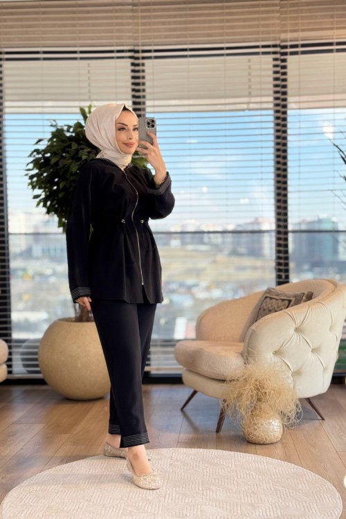 8490 Kapş.Manşet Ve Paça Dikişli Fermuarlı Takım Siyah