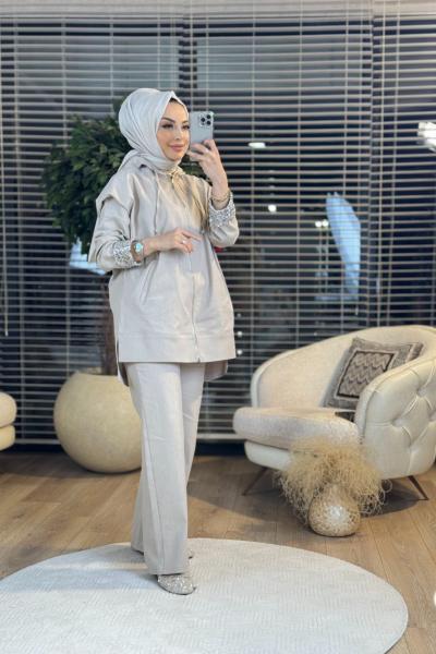 8503 Manşeti Tül Üstü Boncuk İşli Takım Bej