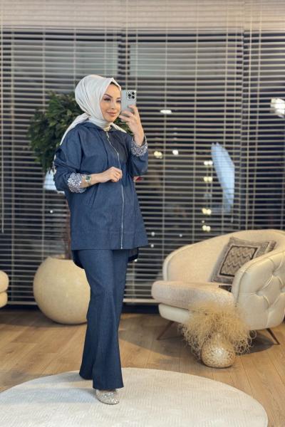 8503 Manşeti Tül Üstü Boncuk İşli Takım Mavi