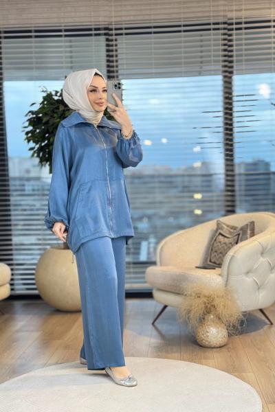 8505 Geniş Yaka Önü Fermuarlı Takım İndigo