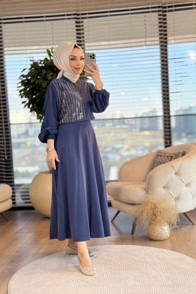 8508 Sol Taraf Sıra Taş Baskılı Takım İndigo