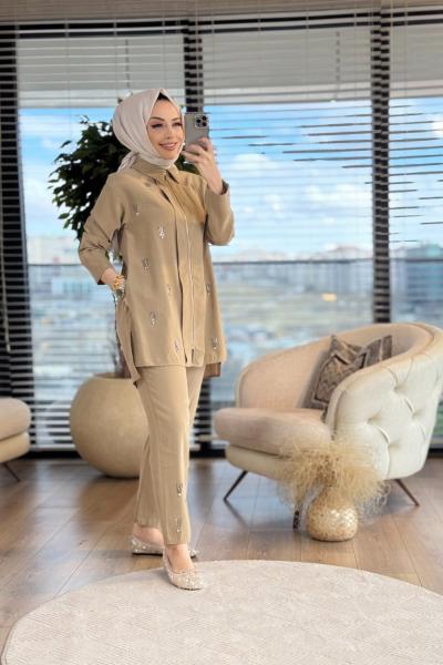 8509 Serpme 4 Sıra Taş Baskılı Takım Yağ Yeşili