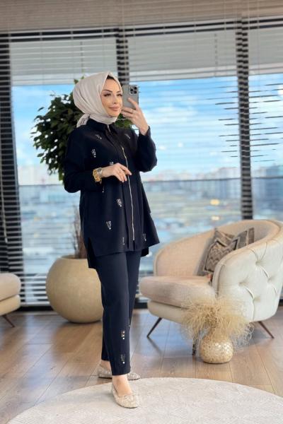 8509 Serpme 4 Sıra Taş Baskılı Takım Siyah