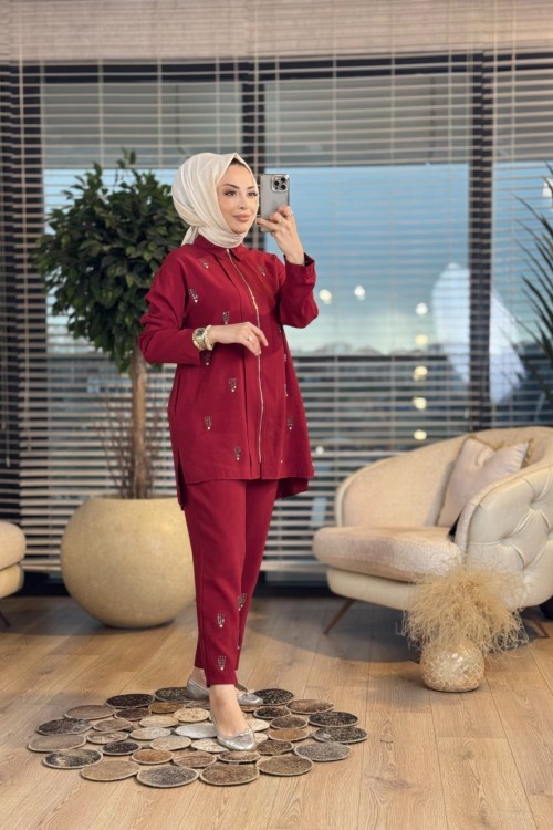 8509 Serpme 4 Sıra Taş Baskılı Takım Bordo