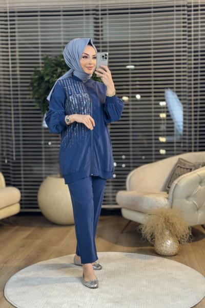 8510 Sol Taraf Boyuna Taş Baskılı Takım İndigo