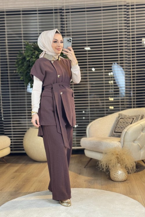 8511 Yaka Zımbalı Yelekli Takım Kahve