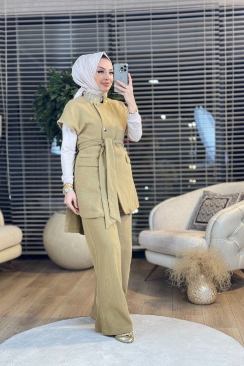 8511 Yaka Zımbalı Yelekli Takım Hardal