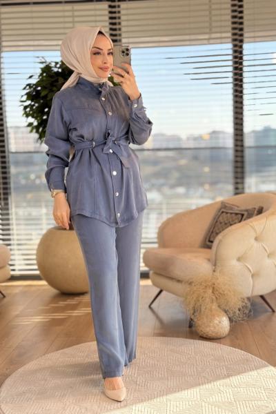 8514 Ön Çıtçıtlı Bel Kuşaklı Takım İndigo