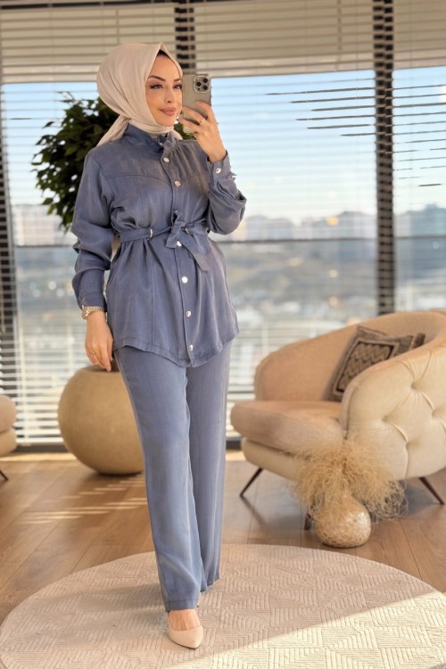 8514 Ön Çıtçıtlı Bel Kuşaklı Takım İndigo